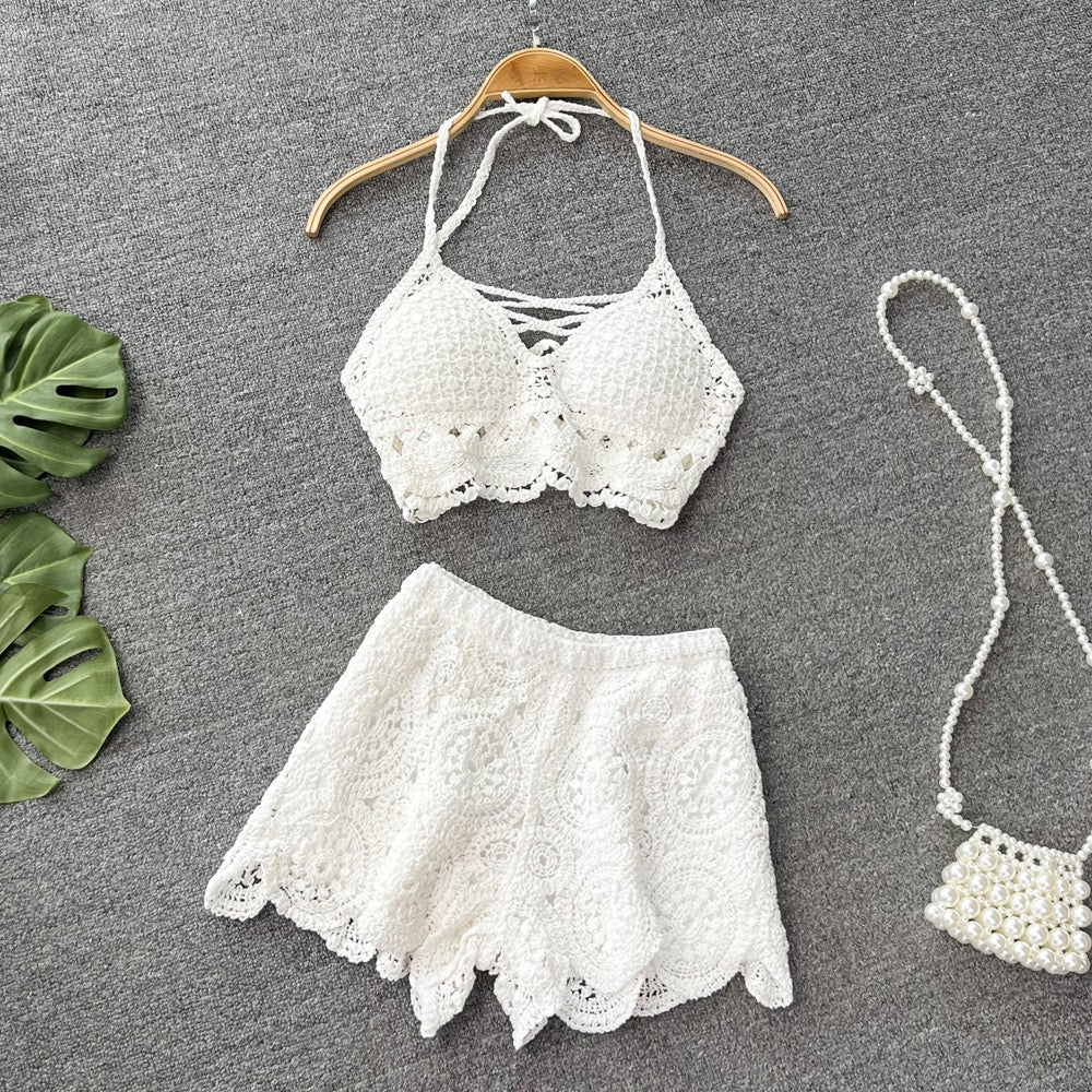 Seaside holiday suit female sexy holiday hollow knit halter neck halter vest two-piece set high waist wide leg shorts