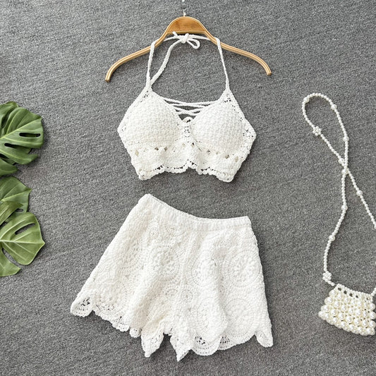 Seaside holiday suit female sexy holiday hollow knit halter neck halter vest two-piece set high waist wide leg shorts