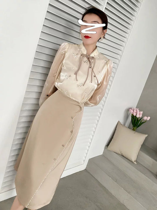 Early autumn new high-definition light luxury women's clothing ladies temperament national style chic top small dress two-piece suit skirt autumn 1795
