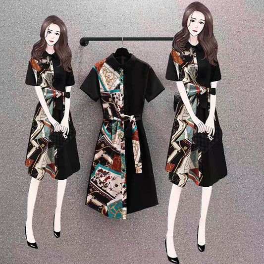 Plus size women's fat sister 2022 summer new French style over the knee loose cover the belly to show thin chiffon dress