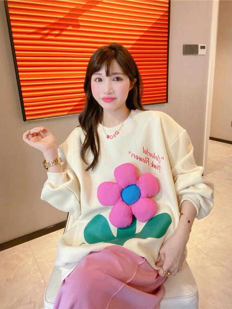 JENNIFER JXLIU Korea autumn and winter a pink three-dimensional flower ^ loose long-sleeved beige sweater women