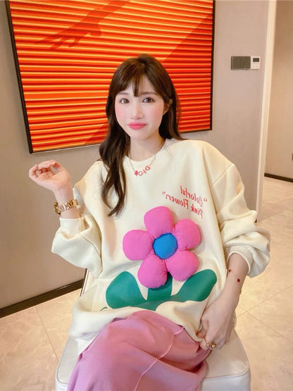 JENNIFER JXLIU Korea autumn and winter a pink three-dimensional flower ^ loose long-sleeved beige sweater women
