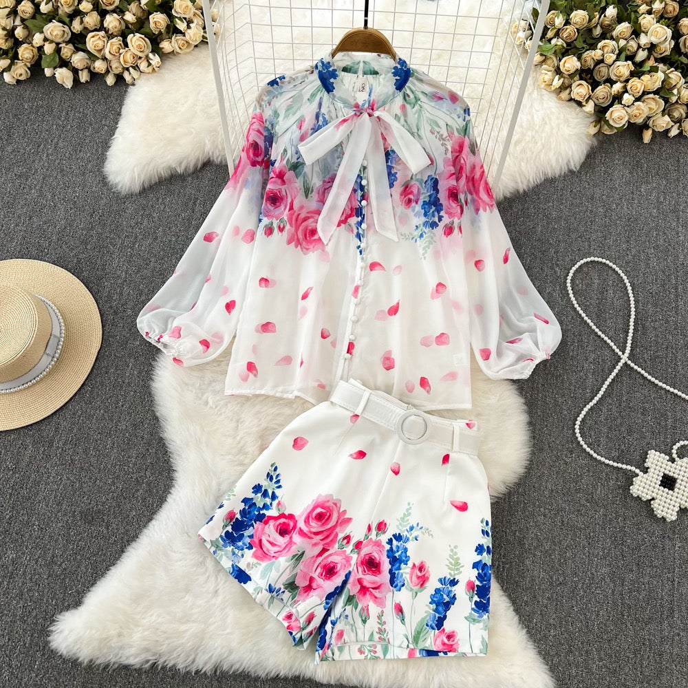 Fashion suit female celebrity temperament bow tie loose printed shirt two-piece set high waist wide leg shorts autumn