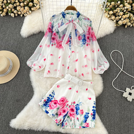 Fashion suit female celebrity temperament bow tie loose printed shirt two-piece set high waist wide leg shorts autumn