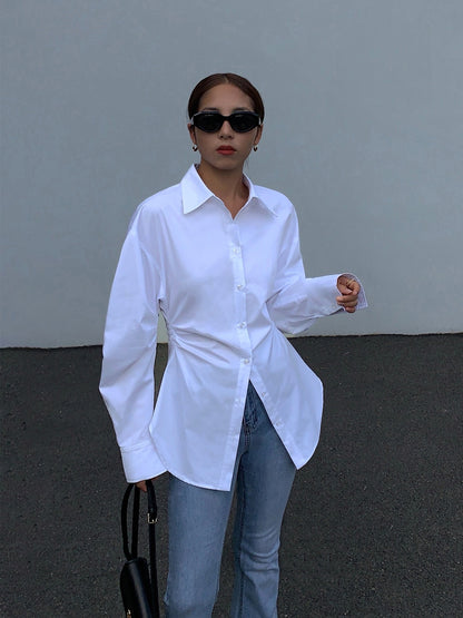 NEVA HU white waist slimming long-sleeved shirt female design sense niche 2022 autumn new slim shirt