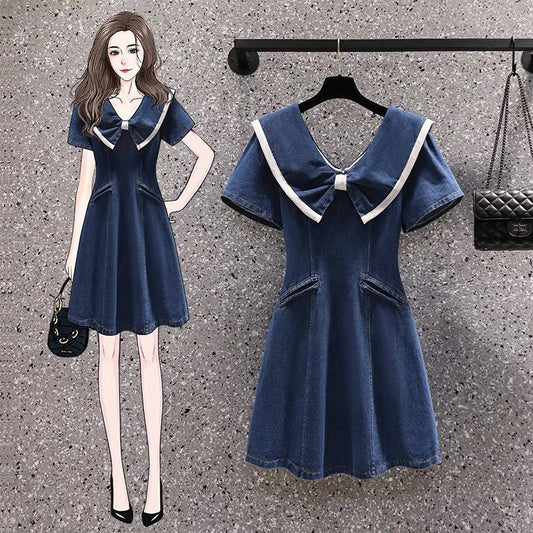 Plus size women's 2022 summer new fat sister design bow navy collar denim A-line skirt 4321