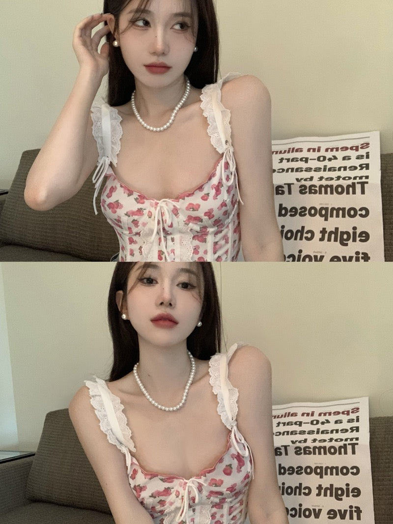 Sweet Spice Girl Floral Lace Camisole Vest Female Summer Pure Desire Style Fishbone Sexy Short Top Outerwear