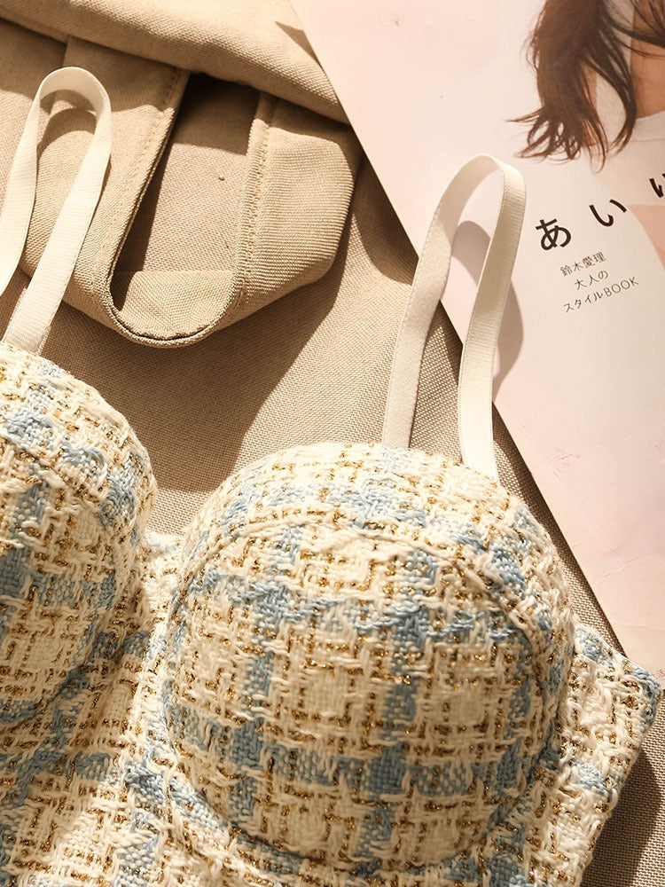 French Houndstooth Fishbone Camisole Small Vest Women's Sexy Shaping Bra with Breast Pads Bottom Tube Top