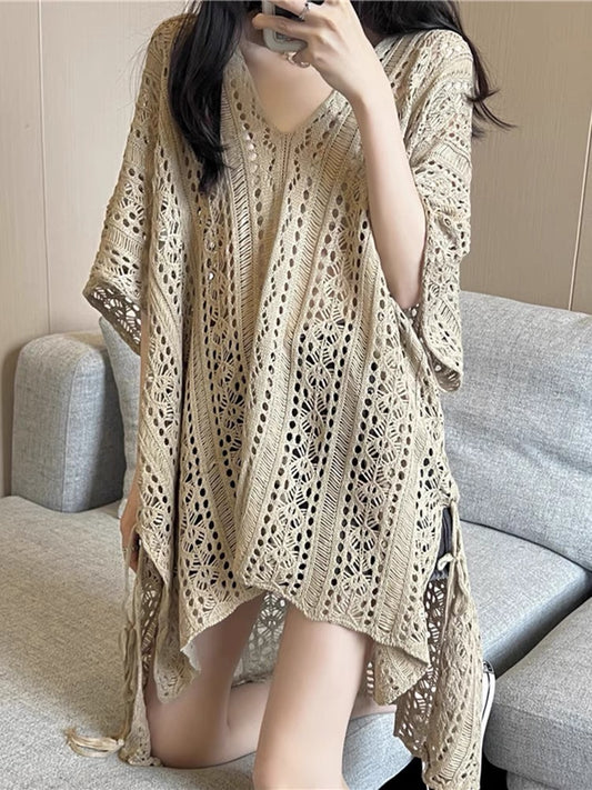 Hollow V-neck knitted sweater women's summer 2022 new design thin section lace-up sunscreen air-conditioning blouse