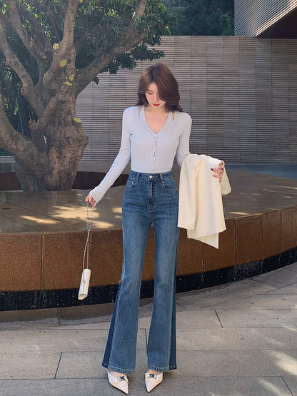 Mrs. Island song flared pants splicing jeans women's spring design sense long pants high waist slimming straight-leg pants