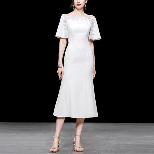 Summer women's clothing 2022 new OL temperament French white short-sleeved waist slim fishtail dress long skirt skirt