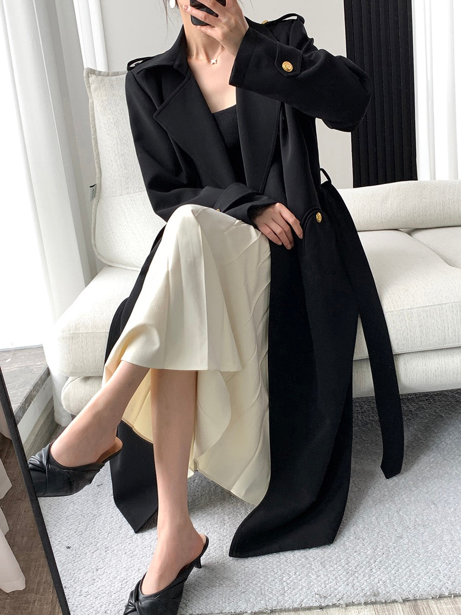 FT GUOGE black windbreaker women's 2023 spring new high-end temperament Hepburn style mid-length coat jacket