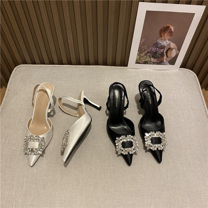 Baotou sandals women's 2022 summer new silk and satin material fairy style pointed toe back empty French high heels women's stiletto