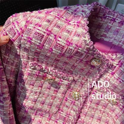 Pink tweed small fragrance coat women's 2022 autumn and winter new temperament ladies high-end sense thin and light luxury top