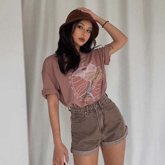 European and American street retro brick red letter pattern printed short-sleeved T-shirt summer loose all-match top 2021