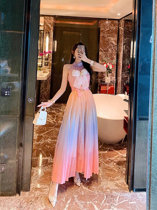 BETTER LS halter neck small fragrance long skirt long gradient fairy skirt super fairy forest summer dress