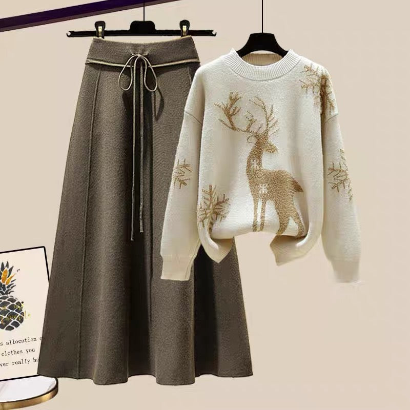 Winter winter clothes, fat sister, slimming, ladies, small fragrance suit, foreign style sweater, knitted skirt, two-piece temperament