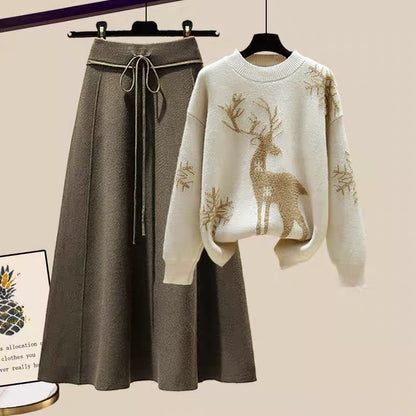 Winter winter clothes, fat sister, slimming, ladies, small fragrance suit, foreign style sweater, knitted skirt, two-piece temperament