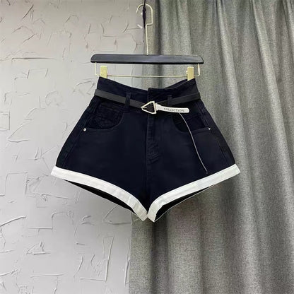 Black design hot girl contrast color edge denim shorts women's autumn 2022 new Korean version of the high waist A-line hot pants trend q128
