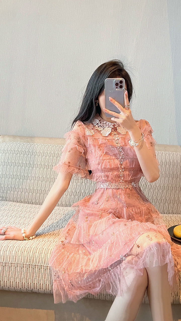 BETTER LS light luxury celebrity temperament dress high-end sense of small fragrance pink cake skirt party dress