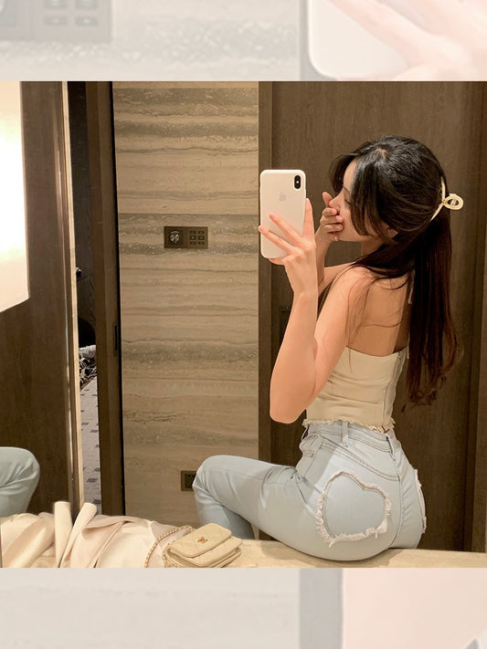 Doudoujiang chic [peach pants] blue flared jeans women's autumn new high waist slimming buttocks micro bootcut pants
