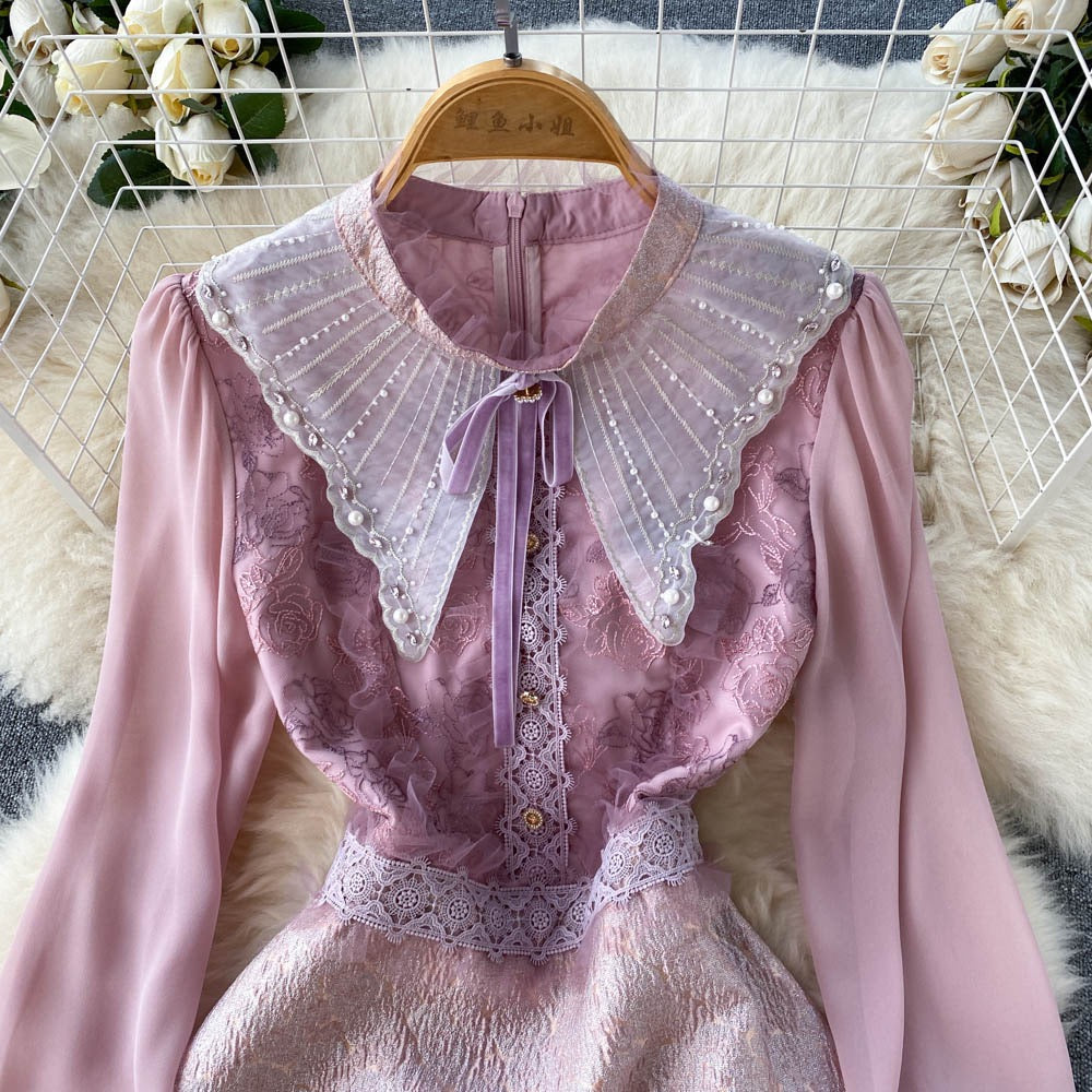 French Chic Stunning Waist Slim Temperament Long-sleeved Dress Summer Women's Doll Collar Hip Skirt Trendy