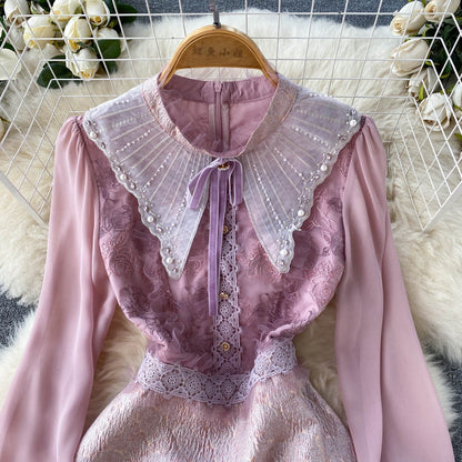 French Chic Stunning Waist Slim Temperament Long-sleeved Dress Summer Women's Doll Collar Hip Skirt Trendy
