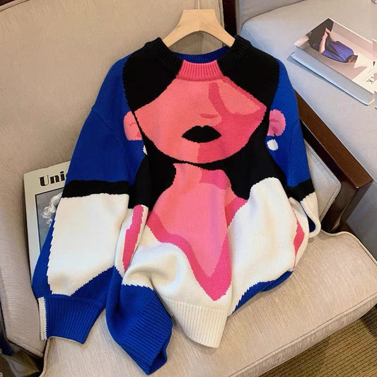 Cartoon print contrast color sweater women's design sense niche spring 2022 new round neck loose lazy wind knitted sweater