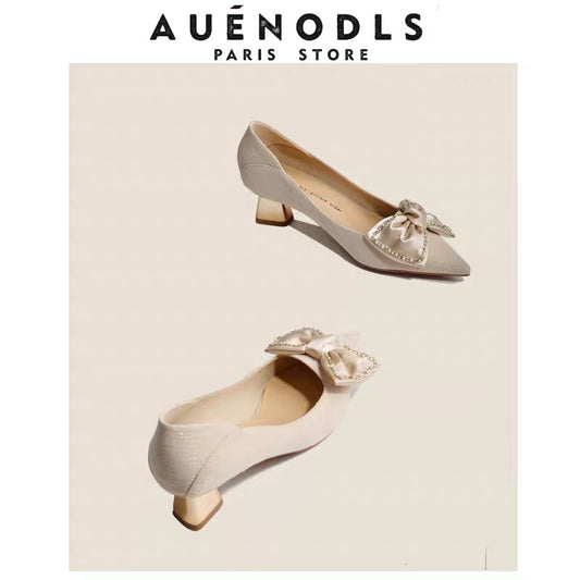 AUENODLS genuine leather French bow Xiuhe high heels nude bridesmaid pointed toe thick heel wedding shoes women