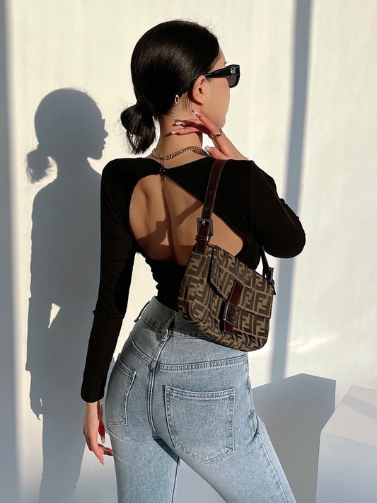 liviahome sexy backless thin bottoming T-shirt women's stretch tight thin round neck solid color short top
