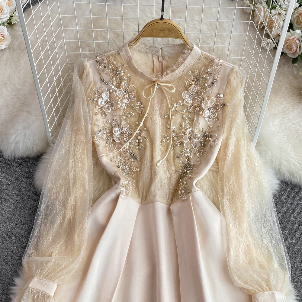 Retro court style bubble long-sleeved diamond-studded mesh stitching stand-up collar waist slimming A-line dress dress