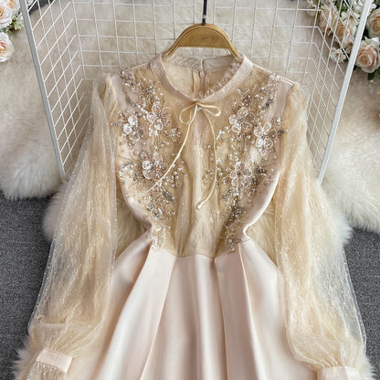 Retro court style bubble long-sleeved diamond-studded mesh stitching stand-up collar waist slimming A-line dress dress