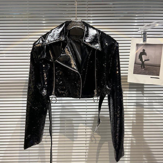 Internet celebrity with the same style 2023 spring new fried street ladies all over the body sequins hem belt design heavy industry jacket coat