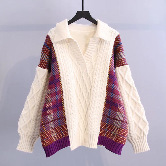 Contrast color sweater women's 2022 autumn and winter new fashion age-reducing lazy wind retro Hong Kong style outer wear twist knitted top