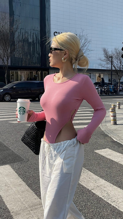 Well also isn wind hollow design jumpsuit female spring new self-cultivation long-sleeved T-shirt with bottoming shirt top