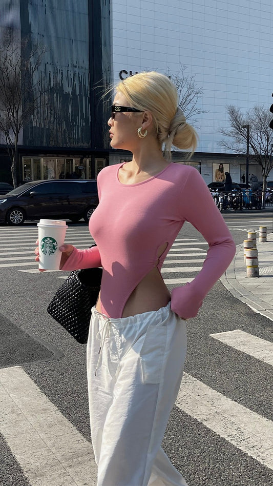 Well also isn wind hollow design jumpsuit female spring new self-cultivation long-sleeved T-shirt with bottoming shirt top