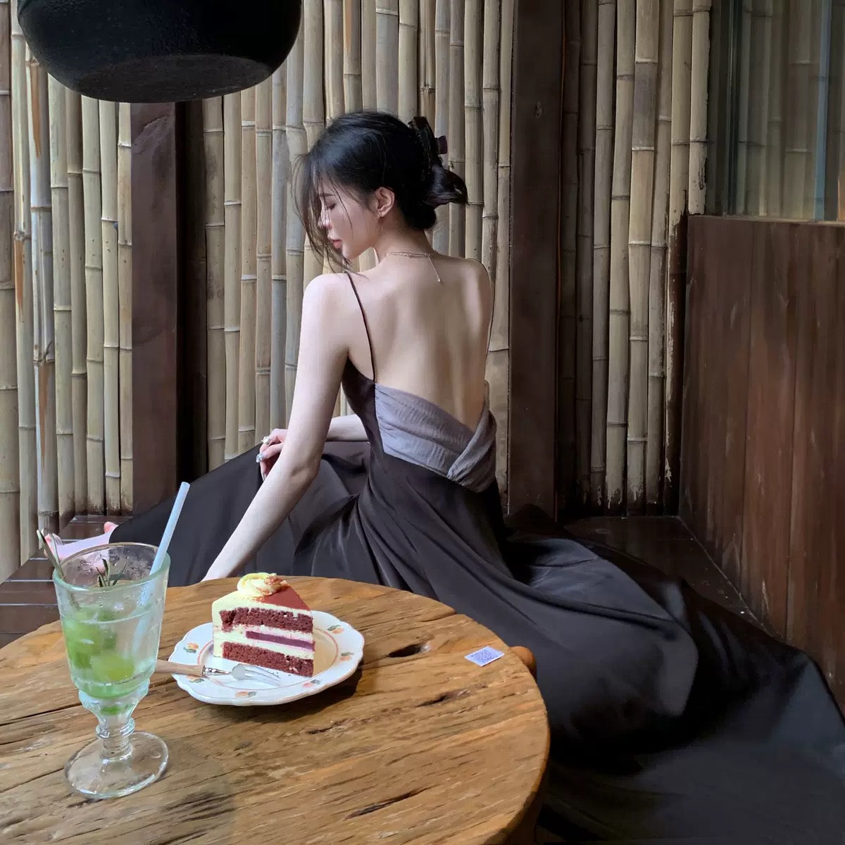 Middletone | Wabi-Sabi Skirt~Cool and minimalist brown halter dress with satin dress for women