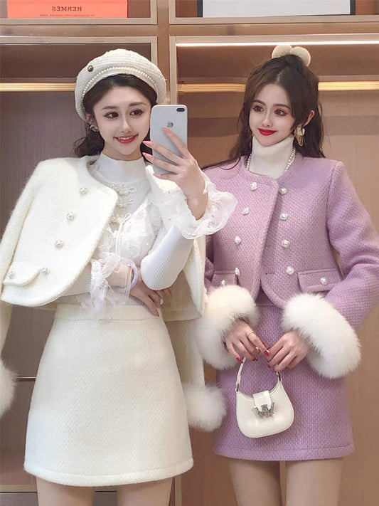 Sweet and fashionable temperament simple double-breasted round neck fur cuff coat high waist skirt two-piece women's autumn and winter