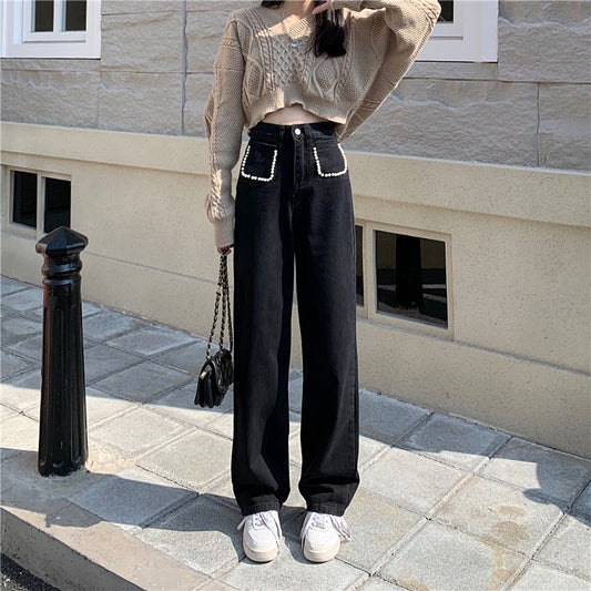 Pearl jeans women's autumn Korean version 2022 new design sense foreign style high waist slimming black wide-leg long pants
