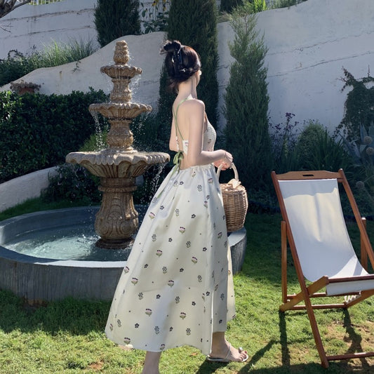 French floral sling dress women's summer high-end seaside vacation waist slimming sleeveless backless long skirt