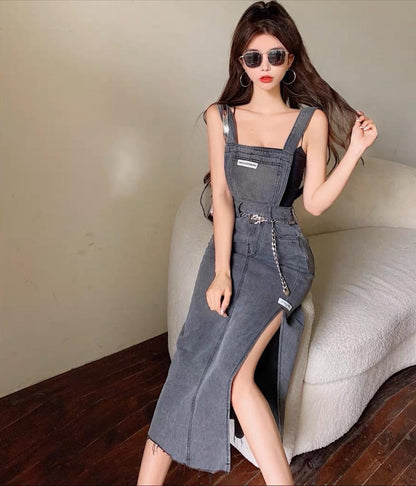 Suspender skirt women's summer Hong Kong style retro waist 2022 new slim denim dress long section slit skirt tide