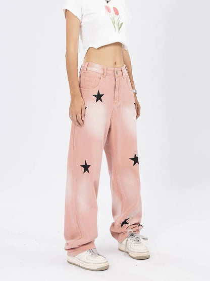 YOUNG K American retro star jeans pink distressed washed street style loose straight casual trousers