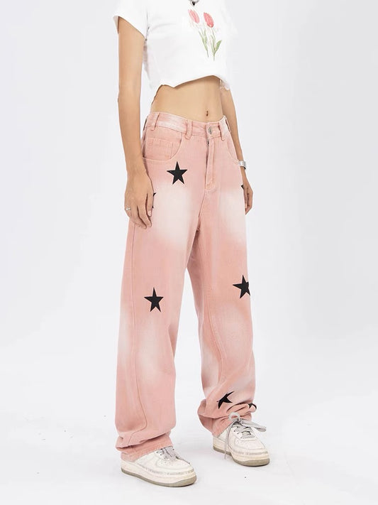 YOUNG K American retro star jeans pink distressed washed street style loose straight casual trousers