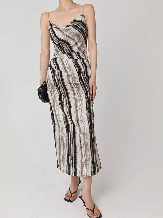 WANGXO sleeveless swing collar striped suspender dress women's summer 2022 new sexy backless mid-length skirt
