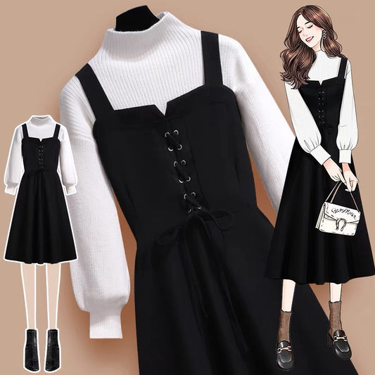 Strap dress women's autumn 2022 new autumn and winter clothing temperament goddess fan bottoming sweater skirt two-piece set