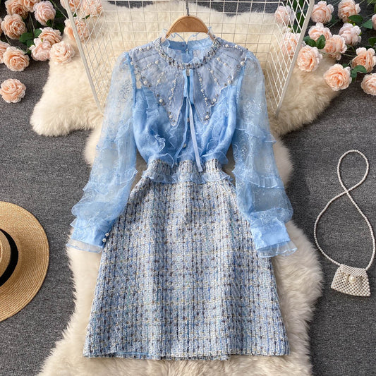 Light luxury, high-end sense, small fragrance, heavy industry embroidery, beaded lace stitching, fake two-piece tweed A-line dress spring