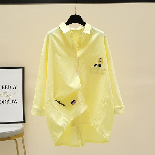 Yellow cotton and linen shirt women's 2023 early spring new jacket short front and back long casual thin shirt design top