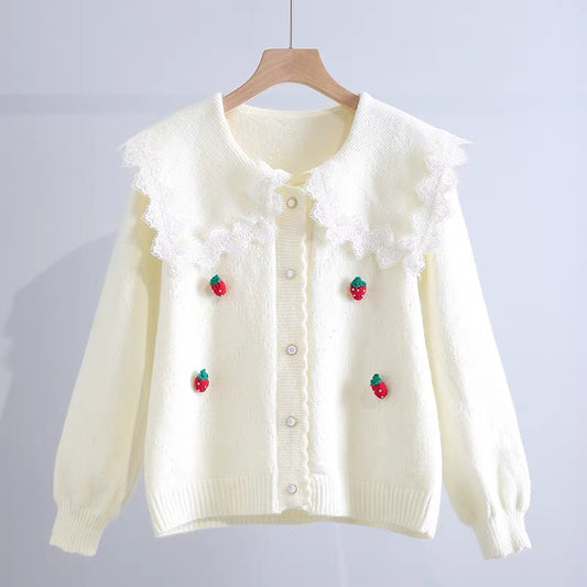 Three-dimensional strawberry doll collar sweater jacket women's 2022 autumn and winter new sweet age-reducing loose long-sleeved knitted cardigan