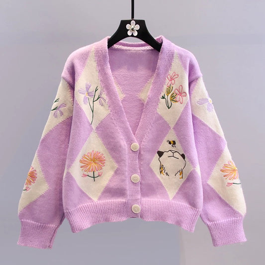 Heavy industry beaded three-dimensional flower sweater women's autumn and winter 2022 new Japanese style lazy wind loose Western-style sweater