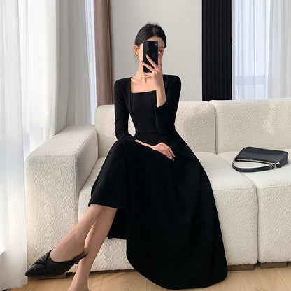 Guoge customized black dress female 2023 spring new square collar slim temperament Hepburn style long-sleeved skirt